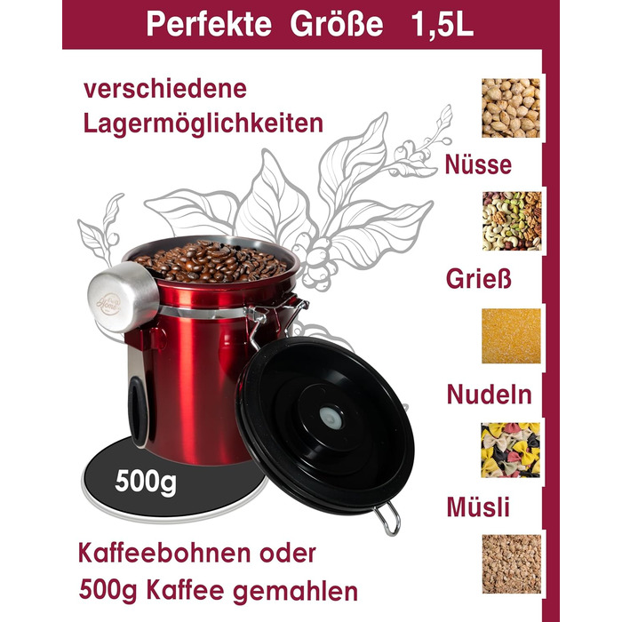 Контейнер для кави Kaffeedose 500г з нержавіючої сталі з дозатором та календарем, 1,5л (Червоний)