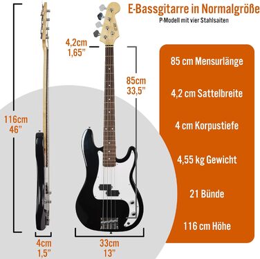 Бас-гітара 3rd Avenue 4/4 E-Bass Set для початківців, з підсилювачем 15W, чохлом, кабелем, ременем, підставкою та запасними струнами – синьо-чорний колір