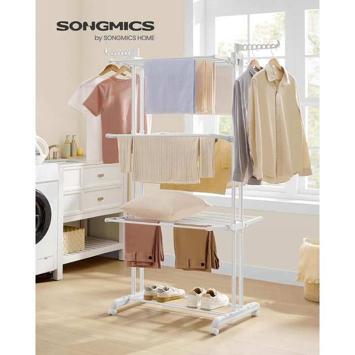 SONGMICS Сушарка для білизни на коліщатках, 4 яруси, розкладна, 63,5 x 128 x 173 см, білий, LLR701W03