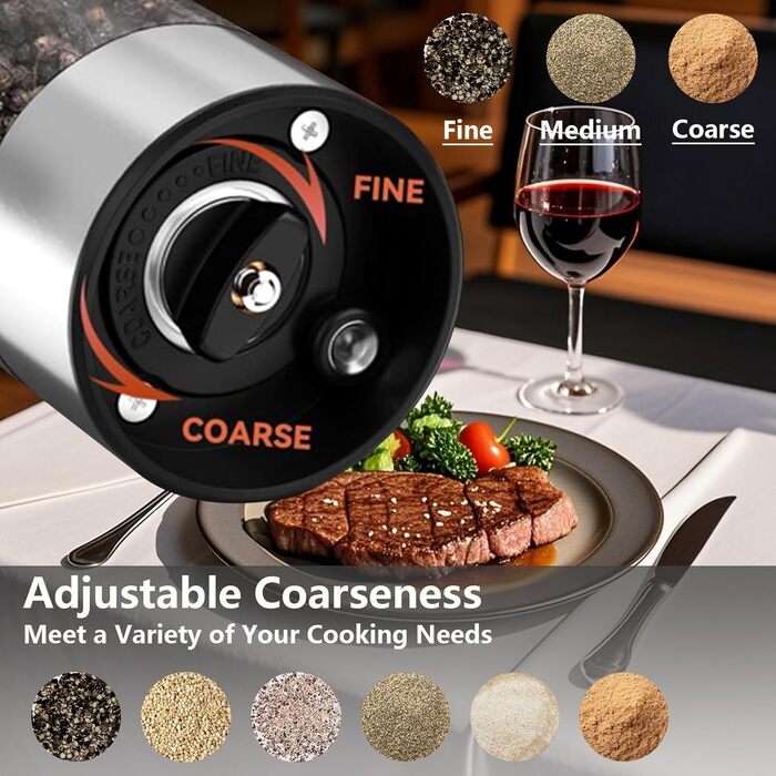 Rechargeable Electric Salt and Pepper Grinder Set with Base, Stainless Steel Spice Grinders with 95ml Transparent Container, White LED Light, and Adjustable Coarseness