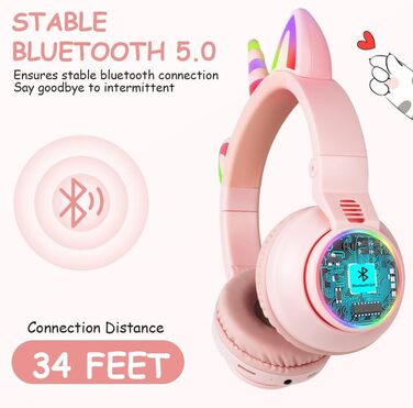 Дитячі навушники AXFEE з Bluetooth, котячі вушка, LED-підсвітка, Over-Ear, стерео, бездротові, з мікрофоном, Micro SD/TF, для телефону/планшета/ПК, рожеві