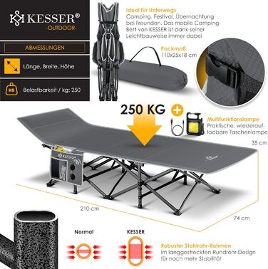 Кемпінгове ліжко KESSER®: стабільне розкладне ліжко для відпочинку на природі, 210 см, 600D Oxford, з сумкою та ліхтарем