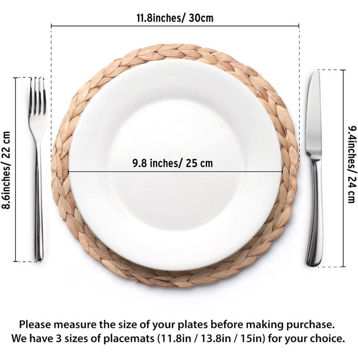 YANGQIHOME Placemats made of Water Hyacinth, Round Table Mats, Handmade Round Coasters, Plate Coasters for Dining Table and Boho Decor (Set of 6, 30 cm)