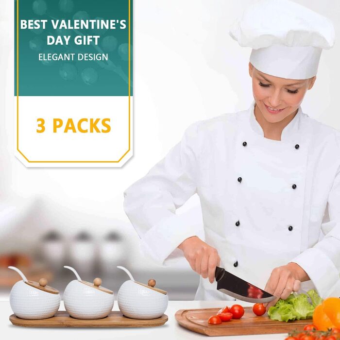 Набір керамічних баночок для спецій, 3 шт. з бамбуковими кришками, ложками та підставкою. Об'єм 170 мл. Підходять для кави, цукру, солі та спецій.