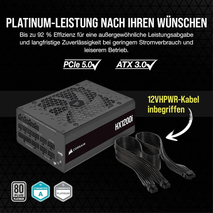 Блок живлення Corsair HX1000i 1200W ATX 3.1 PCIe 5.1, повністю модульний, 80 Plus Platinum, iCUE, чорний