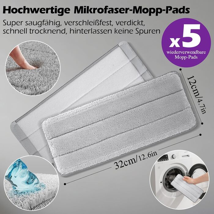 Набір для миття підлоги MASTERTOP з відром, моп з нержавіючою ручкою та 3 насадками, 2 в 1 набір відра та мопа, плоский моп з функцією віджиму для твердої підлоги, ламінату, плитки (Бежевий) (Набір для миття підлоги з відром: Фіолетовий)