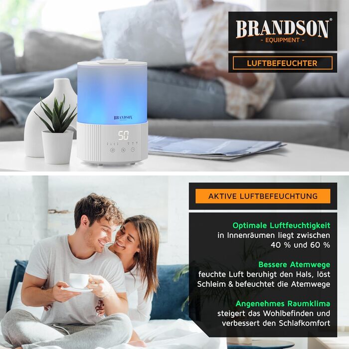 Зволожувач повітря Brandson з дисплеєм, 2.5 л, 3 режими, регулювання вологості, тихий, LED-підсвітка, таймер, режим сну, для вітальні та спальні