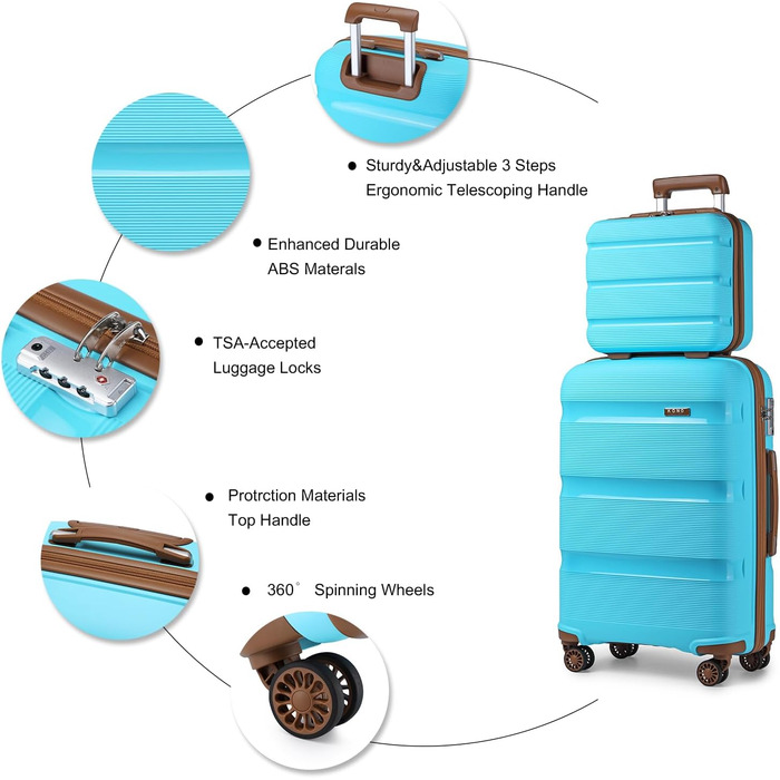 Чемодан для подорожей на 4 колесах, міцний та легкий, TSA-замок, YKK-блискавка, тихі колеса, ручна поклажа з косметичкою (Синій/Коричневий, косметичка)