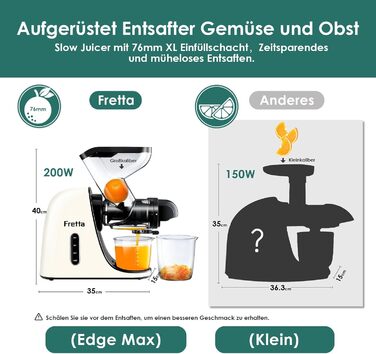 Електричний соковитискач Fretta Slow Juicer: холодний віджим, 76 мм, для овочів та фруктів, легке очищення