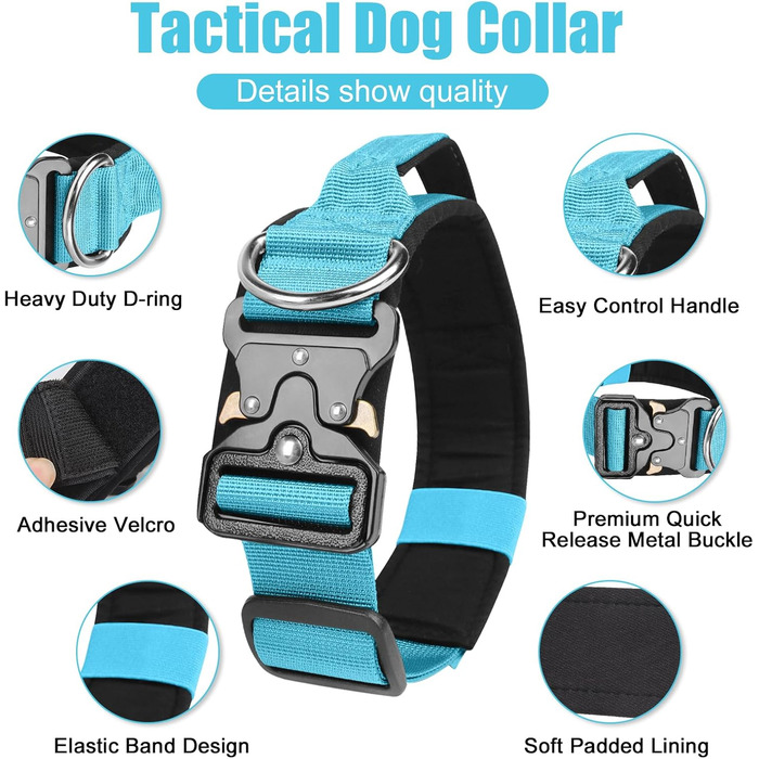 Тактичний нашийник для собак Ledeak з ручкою, регульований, широкий, з м'якою підкладкою, надійний, з металевою застібкою, для дресирування (фіолетовий, синій, L)