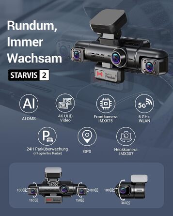 Автомобільний відеореєстратор 4K 360° з 4-канальною камерою та цілодобовим режимом паркування, N500, матово-чорний