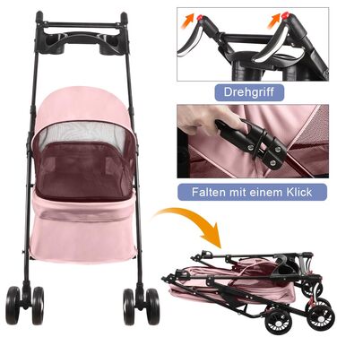 Візок для собак Homewell 2в1: візок-будка, сумка-переноска, з тримачами для напоїв, складна конструкція, гальмо, для домашніх тварин, 50x70x99 см (Рожевий)