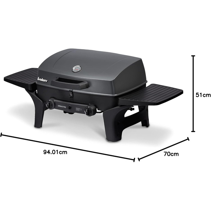 Enders® Gas Grill URBAN PRO, Table Grill, Grilling, Cooking, and Baking Function, 2 Stainless Steel Burners, Small, Grill Thermometer, Balcony, Camping Grill, Aluminum Cast Housing + Lid, #2060