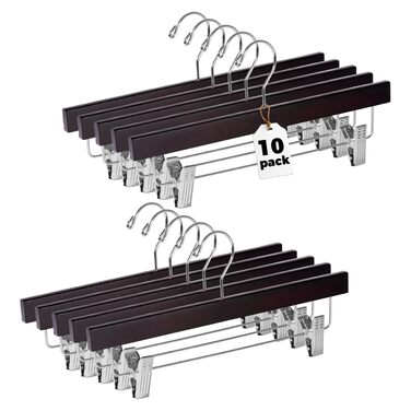 Набір дерев'яних вішаків для штанів та спідниць Quality Hangers з регульованими затискачами, лотовий дерев'яний матеріал, колір махагон, 10 шт.
