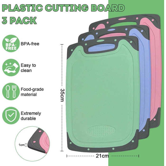 Набір з 3 дерев'яних обробних дощок з пластику, великі, кухонні, з антибактеріальним покриттям, з жолобом для соку та пресом для часнику, червоного, жовтого, зеленого кольорів