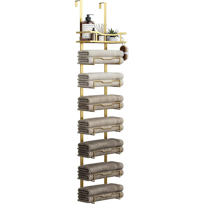 Настінний тримач для рушників у ванну кімнату, без свердління, 6-рівнева наддверна полиця для рушників, багаторівневий тримач для рушників на двері, для складених рушників (Золотий, 8 ярусів)