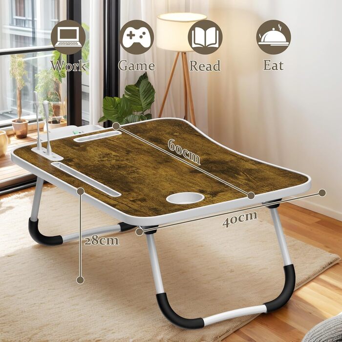 Стіл-підставка для ноутбука Huracan: регульований, з підсвіткою, USB, з відділенням для чашки та ящиком (60x40 см, Vintage Brown)