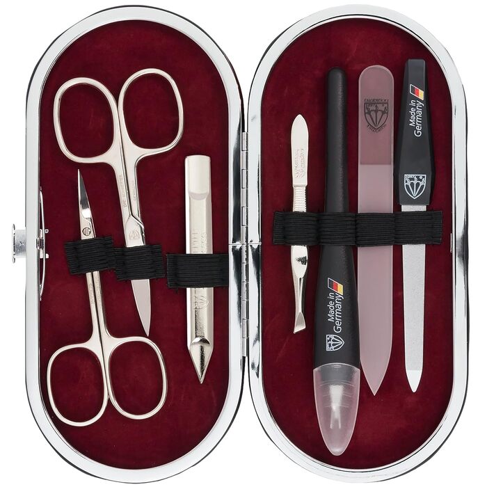 Набір манікюру DREI SCHWERTER 'Vittoria' 7 предметів | Німецька якість, етикет з штучної шкіри бордового кольору | Манікюрний набір з ножицями, щипцями, пилочкою, ножем для кутикули та іншим