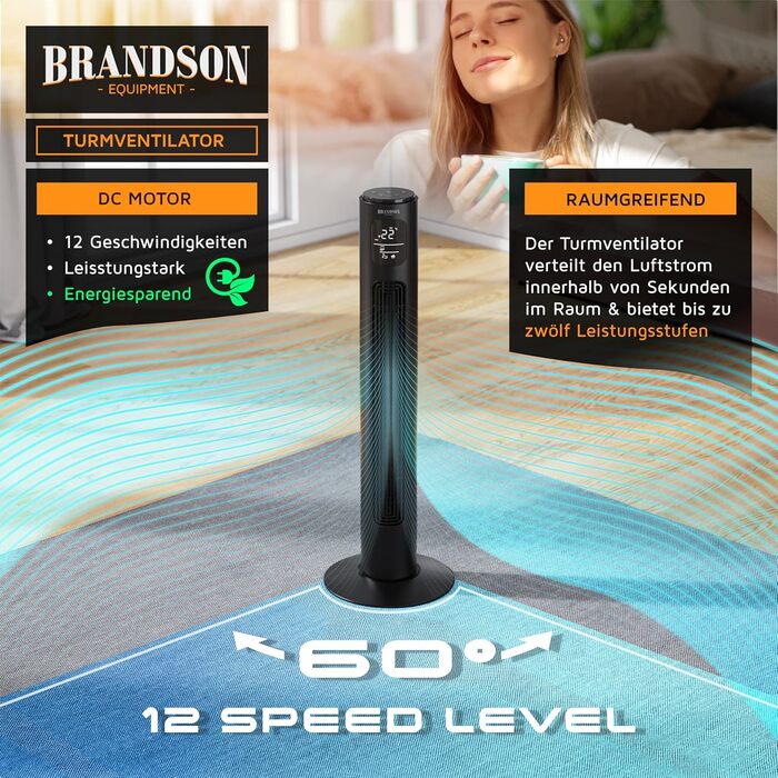 Турбовентилятор Brandson ECO з DC мотором: тихий, Wi-Fi, Smart Home, керування через додаток/Alexa, осциляція, чорний