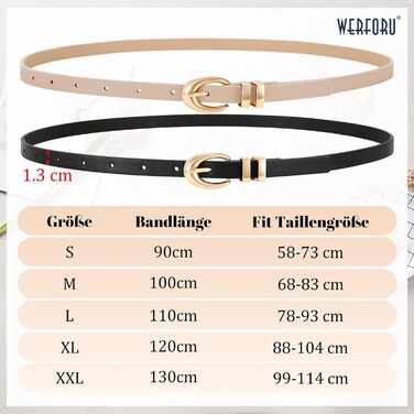 Жіночі шкіряні ремені WERFORU - 2 шт. Тонкі ремені з золотими/срібними пряжками для джинсів, штанів, суконь. Розміри 68-83 см та 99-114 см (чорний+бежевий)
