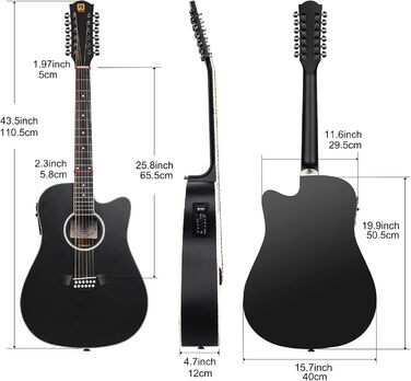 Електроакустична гітара Vangoa 41 дюйм, 12-струнна, чорна, з підсилювачем та 4-х смуговим еквалайзером