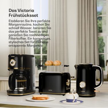 Набір тостера та чайника Klarstein Victoria, ретро дизайн, 2-х слайковий тостер з 7 рівнями підсмажування та підставка для бургерів, чайник 1.7л з фільтром від накипу, набір для сніданку, кремовий (чорний, повний комплект)