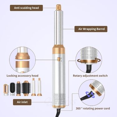 Набір для укладки волосся 6 в 1, Мультистайлер, Автоматичний локонів, Фен-щітка, Гаряча повітряна щітка, Для створення укладок, Випрямлення, Сушіння, Об'єм, Локони, Білий