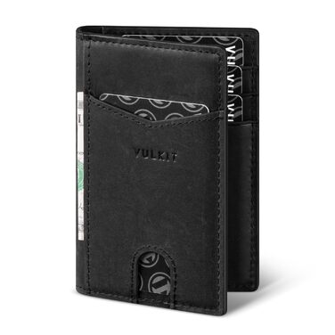 Чоловічий шкіряний картхолдер VULKIT з RFID захистом, чорний - Slim Wallet для 10 карт