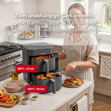 Аерофритюрниця з двома камерами LEHMANN XXL 12L, 2800 Вт, антипригарне покриття, 10 програм, без олії, сіра
