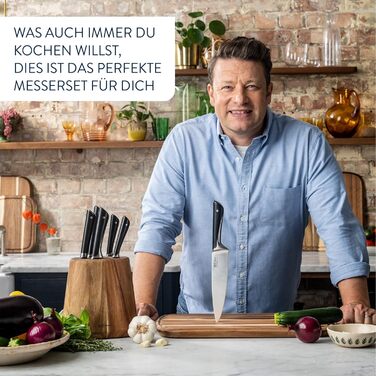 Набір кухонних ножів Jamie Oliver by Tefal (6 предметів): шеф-ніж, ніж Сантоку, ніж для хліба, універсальний ніж, ніж для овочів + блок з акації, сталь, коричневий K267S556