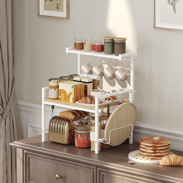 Поличка для мікрохвильової печі, кухонна поличка, 2 яруси, з підставкою для обробної дошки, органайзер з 8 гачками, коричнева, ABRBN5301