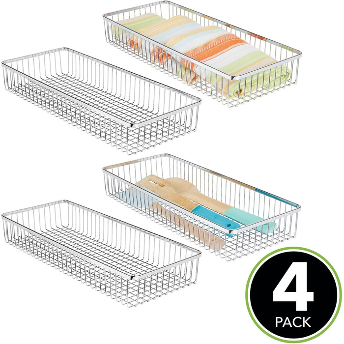 mDesign Universal Drawer Organizer - Metal Storage Baskets for Drawers Organize Kitchen Supplies and Utensils - Drawer Organizers for Kitchen and Household - 4-Piece Set - Silver