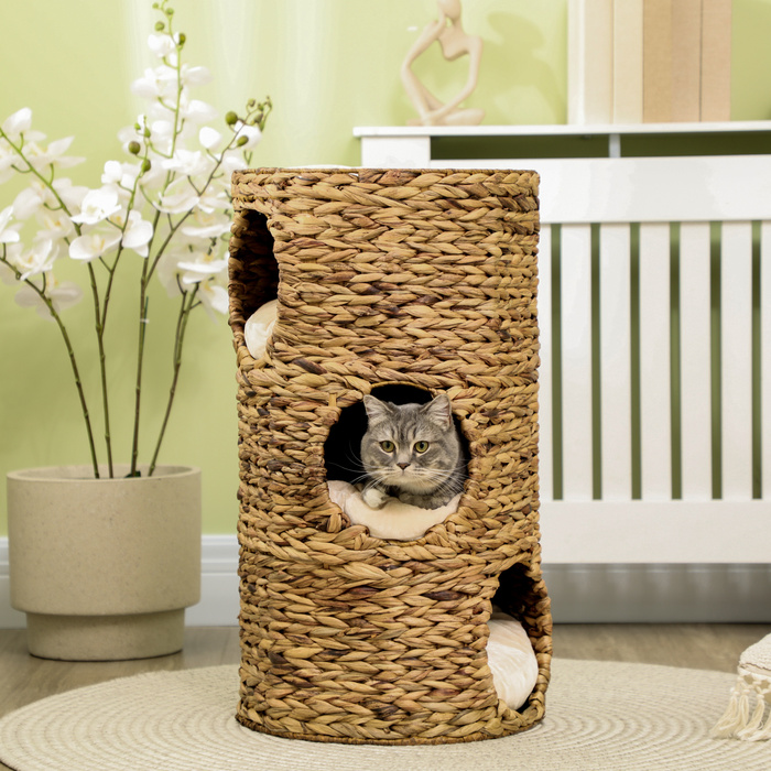 PawHut Cat Tree 73cm 3-Tier with Water Hyacinth and Steel Cushions, Light Brown for Cat Lovers