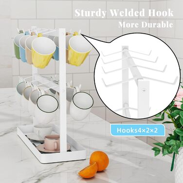 YUMORE Mug Rack with 16 Hooks, Mug Stand, Metal Coffee Cup Holder with Storage Bottom, Coffee Cup Holder, Cup Rack for Kitchen, Dining Room, Cafe Counter, 42 * 15 * 41.5cm (White)