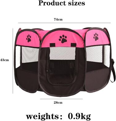 Розкладний вольєр для цуценят та котів, вольєр для тварин, 74x74x43 см, для собак, котів, кроликів, дрібних тварин (рожевий + чорний)
