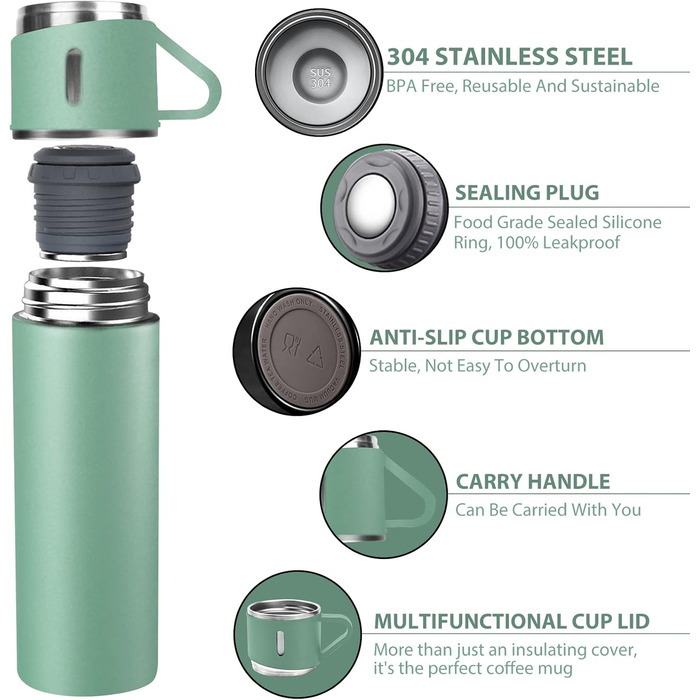 Stainless Steel Thermos Flask with Cup and Handle - 500ml Insulated Travel Mug - Leakproof, Double-Walled, Vacuum-Sealed - Keeps Hot/Cold for 12 Hours - for Kids, Sports, Outdoors (Black, Green)