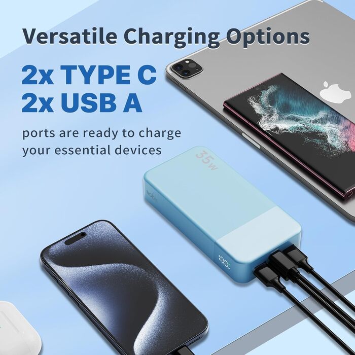 Power Bank Nobis 20000mAh з LED дисплеєм, 35W USB-C, 4 порти, зарядка для MacBook, iPhone 15, Samsung S23 (зелений/синій)