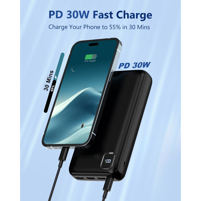 Повербанк 50000mAh з вбудованими кабелями та швидкою зарядкою, зовнішній акумулятор USB-C з LED-дисплеєм для iPhone, Android та планшетів, чорний (P500)