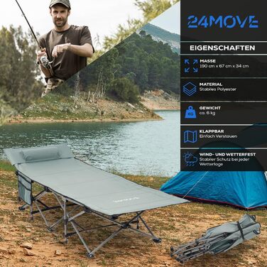 Кемпінгове ліжко 24MOVE® для відпочинку на природі: розкладне, сіре, 190x67x34 см, до 150 кг, з сумкою