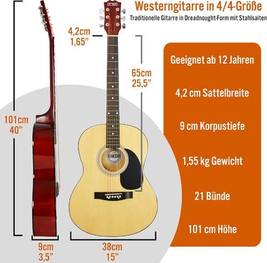 3rd Avenue 4/4 Вестерн-гітара (набір) зі сталевими струнами, для початківців – 6 місяців БЕЗКОШТОВНИХ уроків, чохол, медіатор та запасні струни – натуральний колір