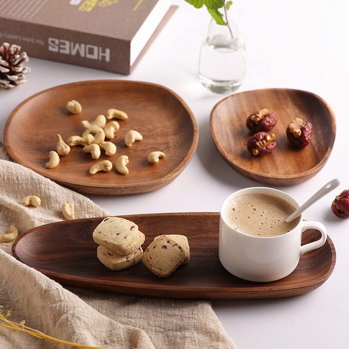 Set of 4 Serving Trays, Irregular Round Wooden Plates & Platters for Snacks, Cheese, Appetizers, Dessert, Sushi, Fruit, Salad, Wooden Serving Board