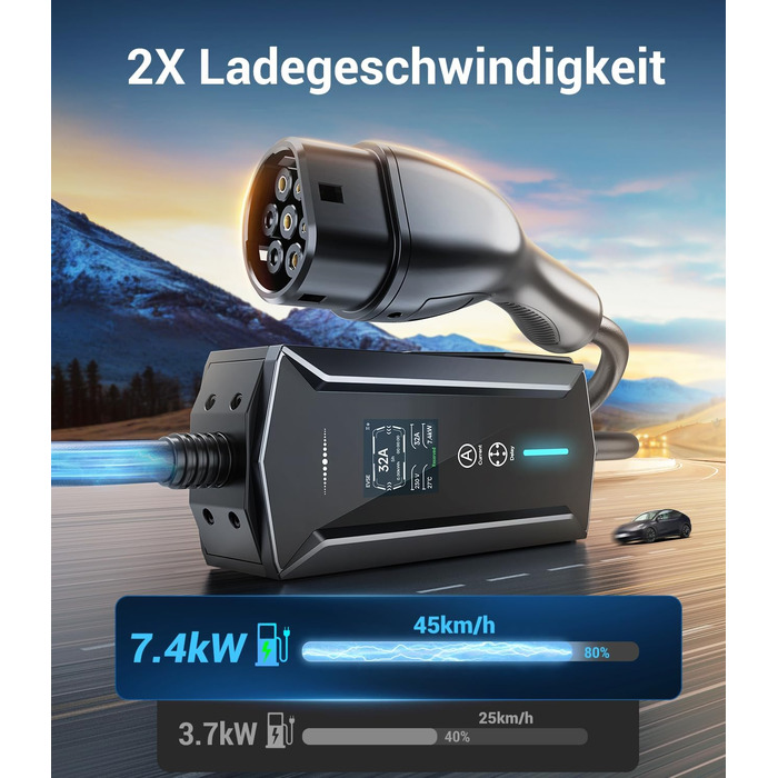 Портативний зарядний пристрій для електромобілів IEC 62196-2, 7,4 кВт, 7м, IP65, LCD, регулювання потужності та часу початку