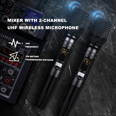 BOMGE 04E Караоке-аудіомікшер 4-канальний з бездротовими Dual-UHF мікрофонами, Bluetooth, MP3, USB, 48V фантомне живлення, для DJ, вечірок, комп'ютера