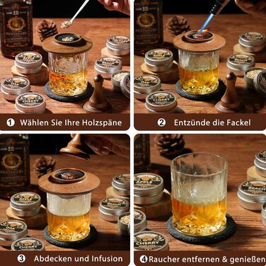 Набір для копчення віскі з факелом: 6 смаків, дерев'яні тріски, 2 склянки, 6 контейнерів для віскі, коктейльний набір для копчення, набір для копчення напоїв, подарунок на день народження для любителів бурбону (без бутану)