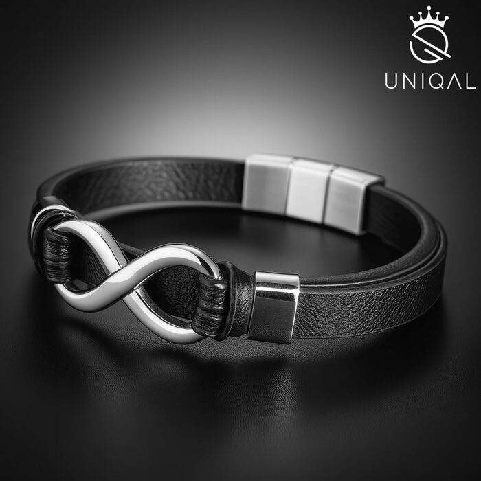 Браслет шкіряний чоловічий UNIQAL Infinity з нержавіючої сталі та натуральної шкіри коричневого кольору (срібний, 23 см) + подарункова коробка