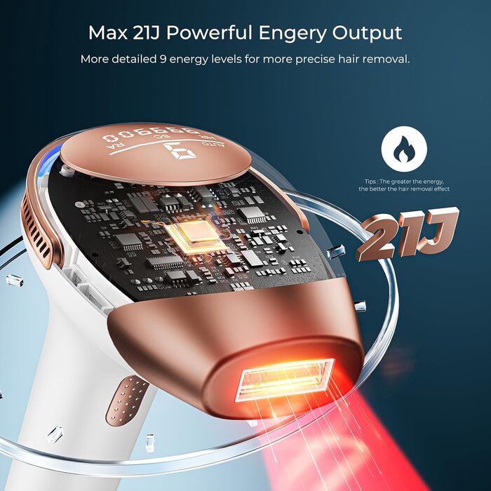 Пристрій для епіляції IPL 21J: Лазерний епілятор з 9 рівнями та червоним світлом 600 нм, 999,900 імпульсів для дому - для жінок та чоловіків, для обличчя, тіла, зони бікіні та ніг