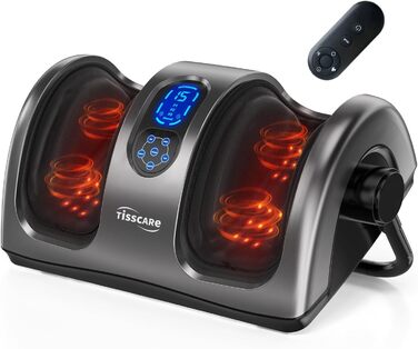 Електричний масажер для ніг TISSCARE з підігрівом, Shiatsu масаж для ніг та литок, роликовий та компресійний масаж, регульована ручка 360°, для зняття болю, сірий