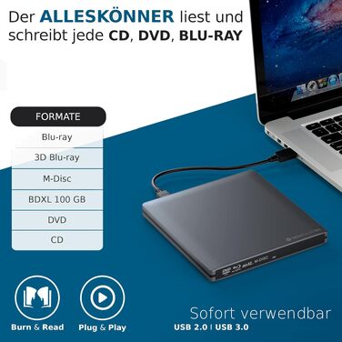 Зовнішній Blu-ray привід techPulse120 USB 3.0 3D Burner M-Disc BDXL Superdrive для PC, Notebook, MacBook, Windows, MacOS, сріблястий (Alu Grau)