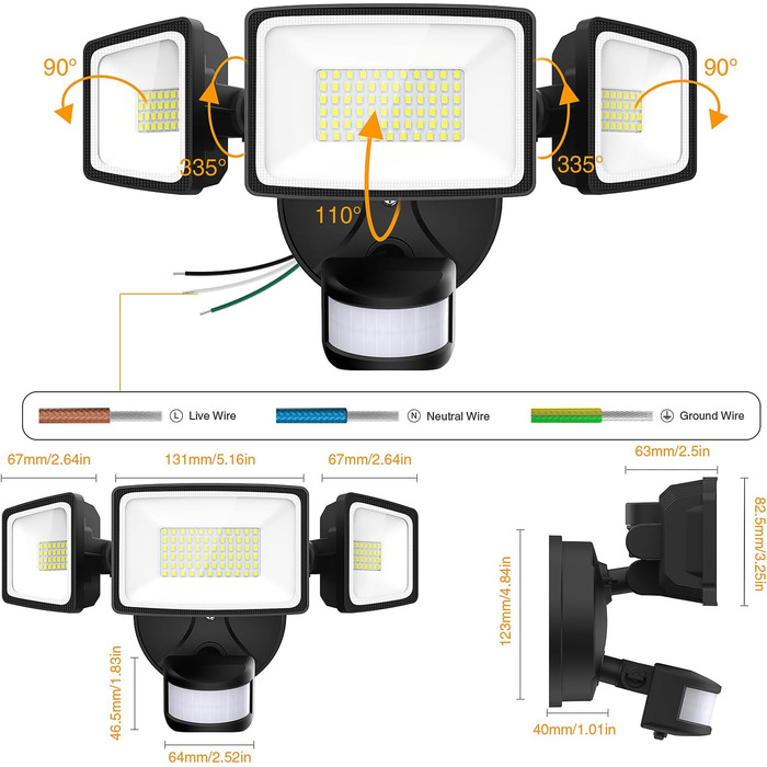 Onforu LED Floodlights with Motion Sensor Outdoor 55W, 5000 LM LED Floodlight, Outdoor Spotlight with Adjustable 3 Heads, 6500K Cool White Spotlight, IP65 Waterproof Floodlight for Garage, Garden, Yard