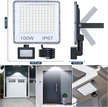 LED Floodlights with Motion Sensor Outdoor 100W 2 Pack, 10000LM LED Spotlights with Motion Sensor, 6500K Cool White Outdoor Floodlights, IP67 Waterproof Floodlights for Warehouse, Garden, Garage